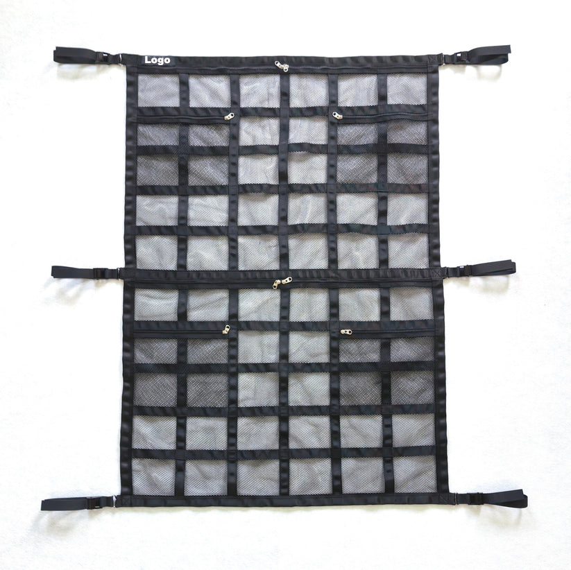Upgrade Car Ceiling Cargo Net Pocket Double-Layer Mesh Car Roof Storage Organizer With Zipzag And Cam Buckle
