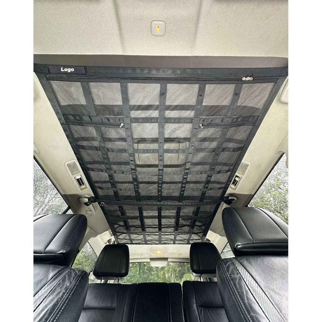 Upgrade Car Ceiling Cargo Net Pocket Double-Layer Mesh Car Roof Storage Organizer With Zipzag And Cam Buckle